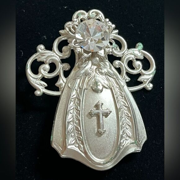 Signed 1997 Jane AOL Angel Cross Rhinestone Silver Tone 2" Pin Brooch vintage - Picture 1 of 6
